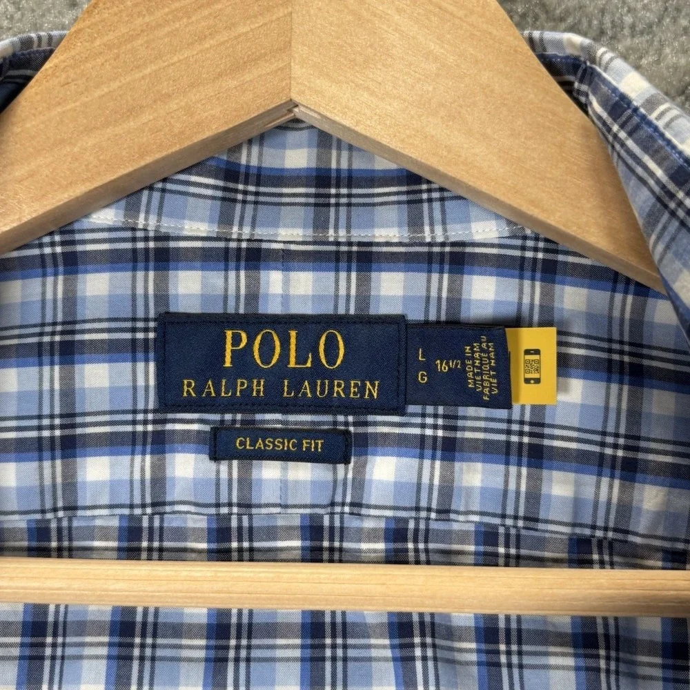 Polo Ralph Lauren Shirt Mens L Blue Plaid Stretch Lightweight Long Sleeve Logo